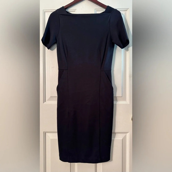 NWT COS XS Navy BLUE  Square Neck Short Sleeve Knee Length Back Zip Midi Sheath - Picture 1 of 12